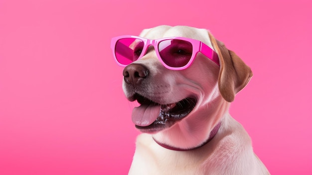 Cão Labrador com óculos cor-de-rosa em fundo rosa espaço de cópia