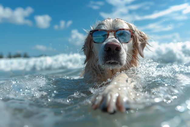 Cão labrador com óculos de sol nada, cavalga nas ondas com prazer, mostrando o espírito aventureiro.