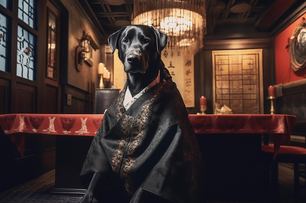 Cão labrador preto em roupas tradicionais japonesas Generative AI