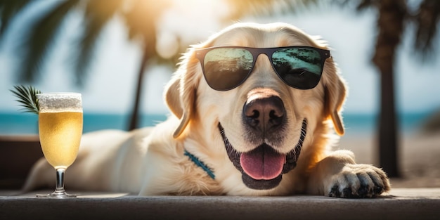 Cão Labrador Retriever está de férias de verão no resort à beira-mar e descanso relaxante na praia de verão do Havaí