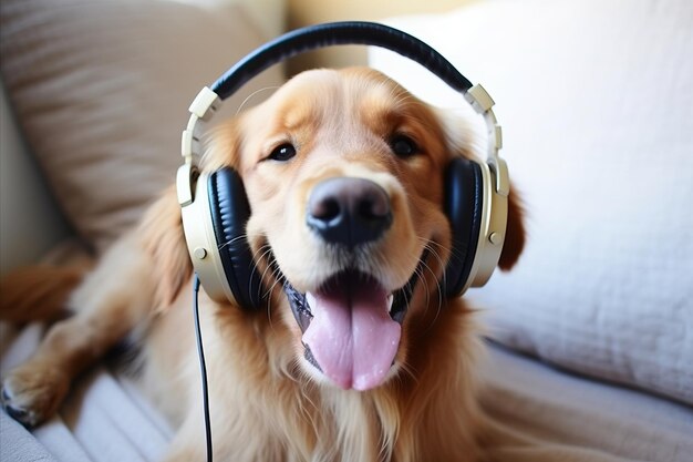 Cão Labrador Retriever feliz em fones de ouvido ouvindo música com espaço para texto