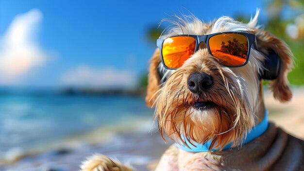 Foto cão lobisomem irlandês usando óculos de sol em resort de praia ouvindo com tecnologia conceito animais de estimação óculos de sol resort de praia tecnologia wolfhound irlandês