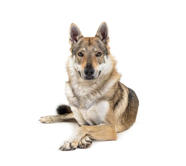 Cão Lobo Tchecoslovaco olhando para a câmera de braços cruzados deitado na frente