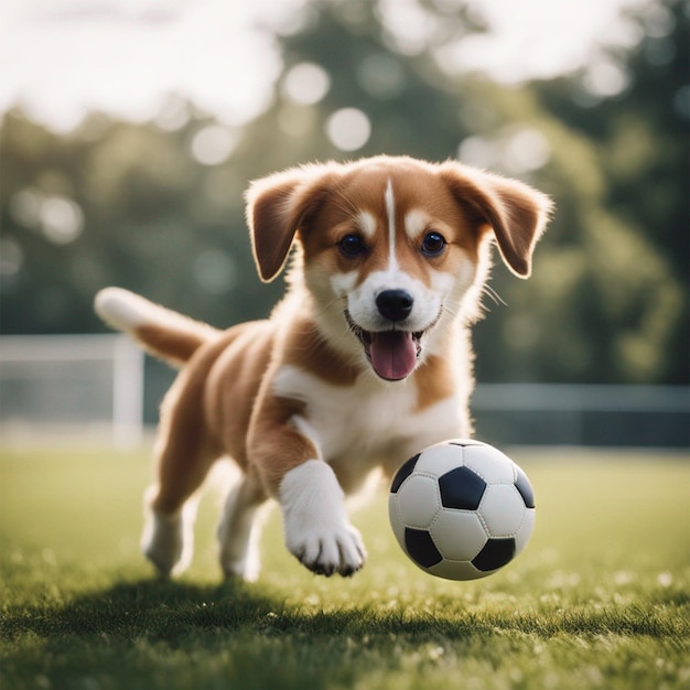 Cão mais bonito a brincar com futebol.