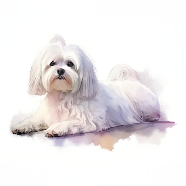 Cão maltês bonito em fundo branco Pintura de aquarela digital