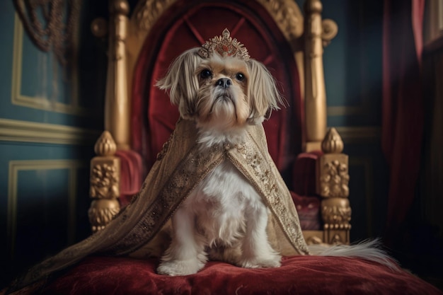 Cão maltês em um trono vestindo um roupão