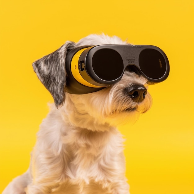 Cão Maltipoo em óculos de realidade virtual Ilustração isolada em tecnologia AI de fundo amarelo