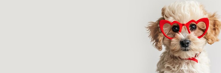 Foto cão maltipoo usando óculos vermelhos em forma de coração cão em fundo branco com espaço de cópia cão bonito celebrando o dia dos namorados cão de estimação rosto closeup conceito do dia dos namorados banner