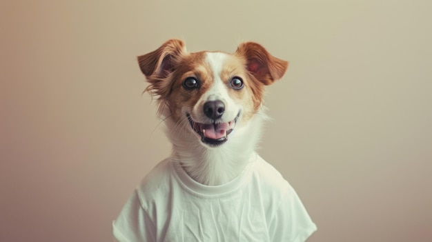 Cão marrom e branco vestindo camisa branca