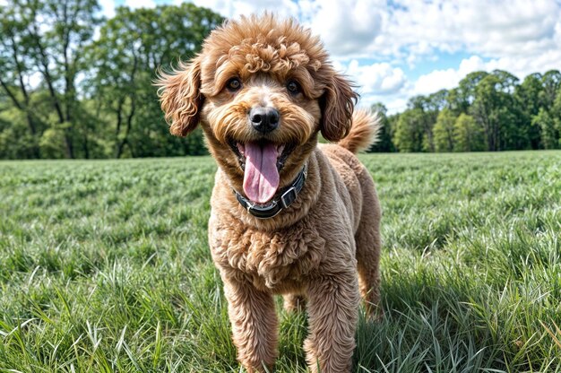 Cão marrom sorridente no campo ao ar livre feliz