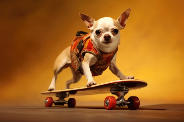 Cão montando muito rápido com velocidade um skate como patinador IA generativa