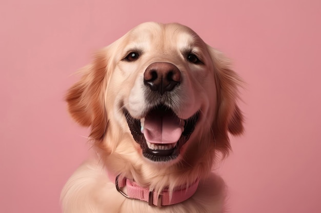 Cão muito feliz e alegre Golden Retriever sobre fundo rosa claro Generative AI