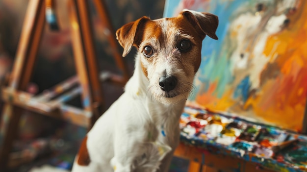 Foto cão na frente de uma pintura colorida em um cavalete