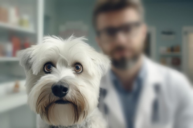 Cão na frente do veterinário desfocado na clínica veterinária IA generativa