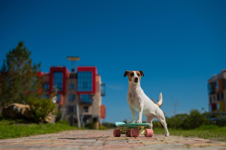 Foto cão no campo contra o céu azul claro