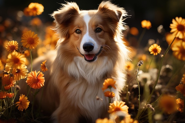 Cão num campo de flores