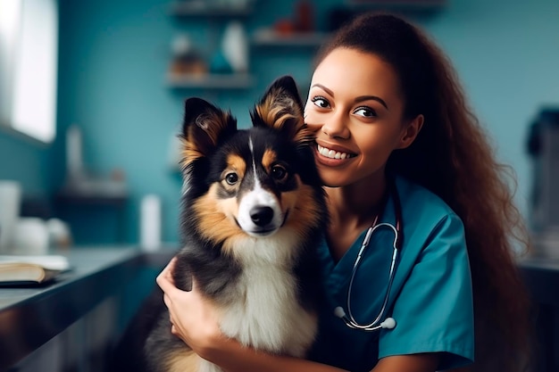 cão numa consulta com um veterinário gabinete mulher afro-americana de pele escura médico