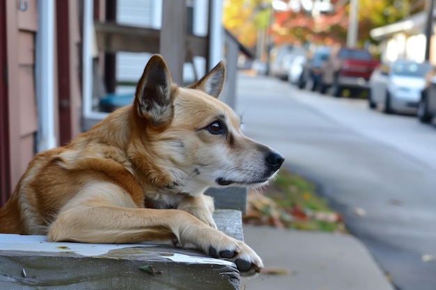 Cão observando a rua inclinado sobre a borda da varanda
