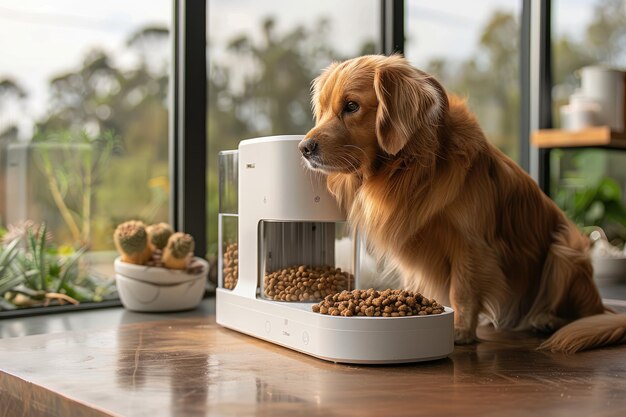 Cão olha para um alimentador automático de cães em uma sala iluminada pelo sol com uma vista da vegetação do lado de fora