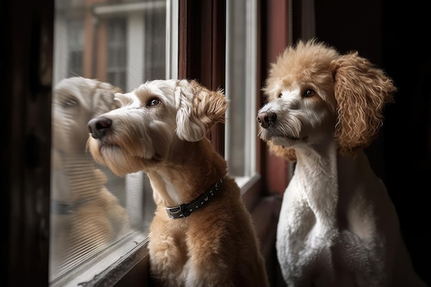 Cão olha pela janela de um apartamento enquanto um poodle