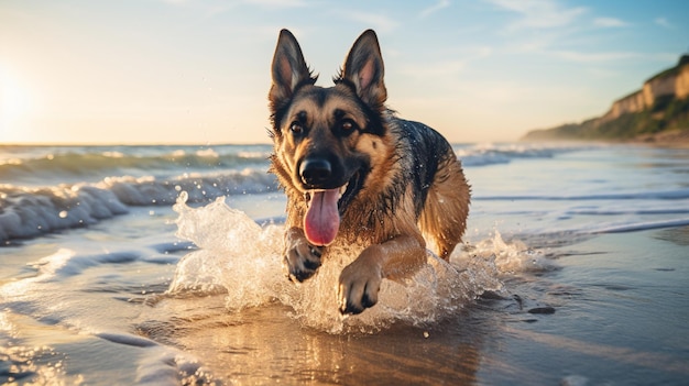 Cão pastor alemão correndo nas ondas da praia fotos Arte gerada por IA
