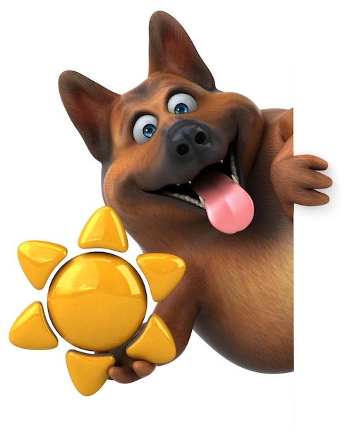 Cão-pastor alemão divertido em 3d com um sol