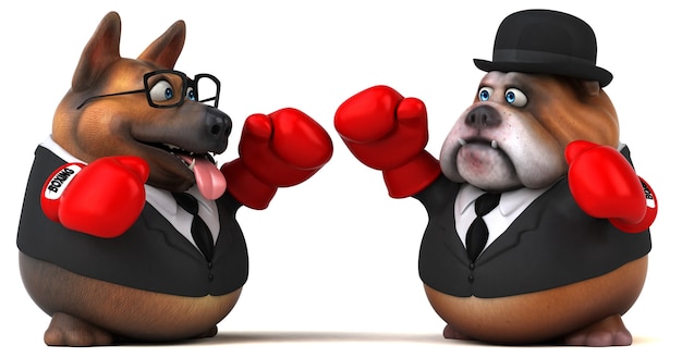 Cão pastor alemão e bulldog inglês - ilustração 3D