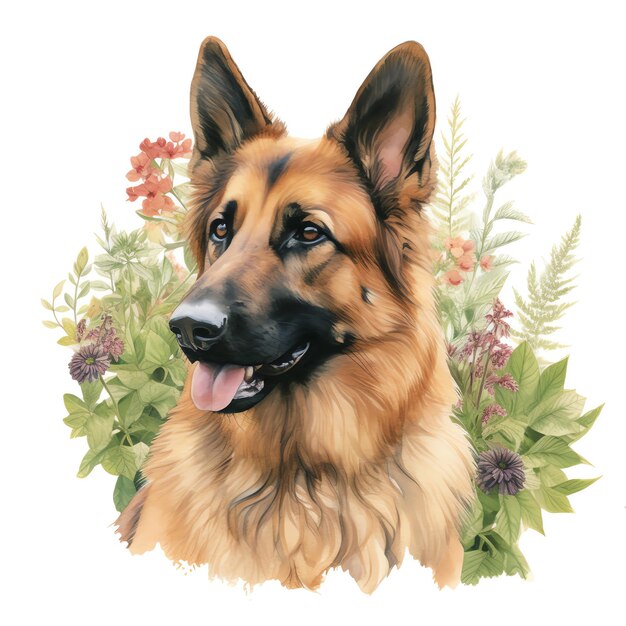 Foto cão pastor alemão em estilo boho cercado de flores e plantas belos cães pastores alemães