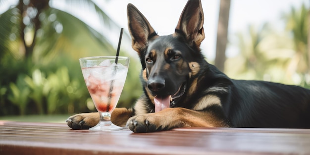 Foto cão pastor alemão está de férias de verão no resort à beira-mar e descanso relaxante na praia de verão do havaí