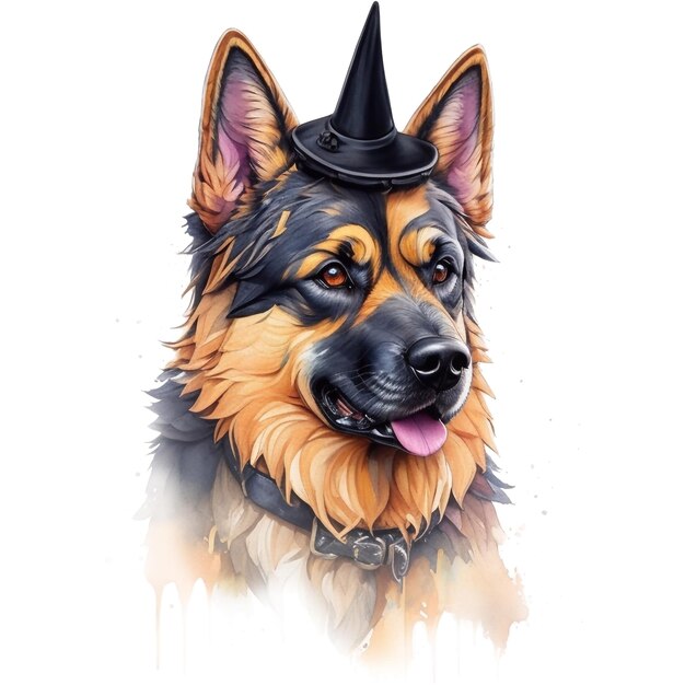 cão pastor de halloween em aquarela com chapéu de bruxa