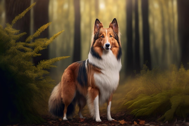 Cão pastor escocês Collie na floresta Foto atmosférica de animais de estimação na natureza Gerada por IA