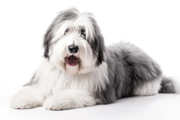 Um grande cão pastor inglês está parado na frente de um fundo branco.