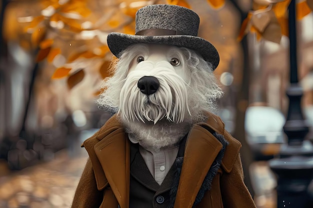 Cão pastor inglês velho com chapéu e casaco