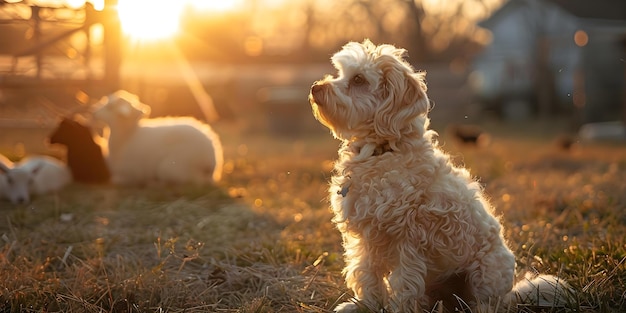 Cão peludo branco observa cabras no quintal em silhueta contra o pôr-do-sol Conceito Animais de estimação da fazenda Animais de sol Observando a natureza