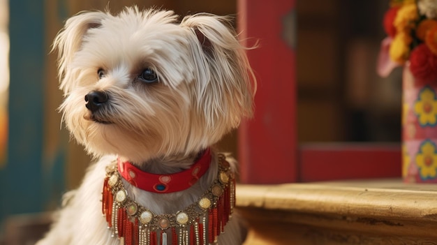 Cão pequeno branco com colarinho vermelho e dourado