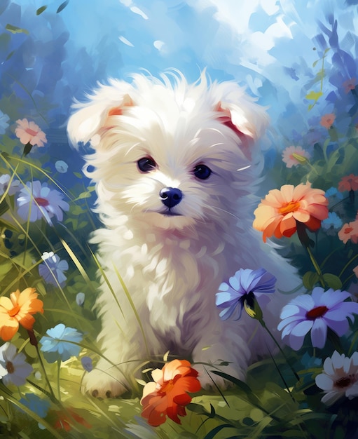 Cão pequeno branco em um campo de flores