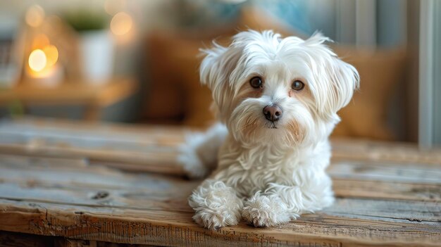 Cão pequeno branco sentado em uma mesa de madeira