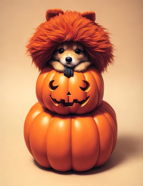 Cão pequeno disfarçado de abóbora para brinquedo de Halloween