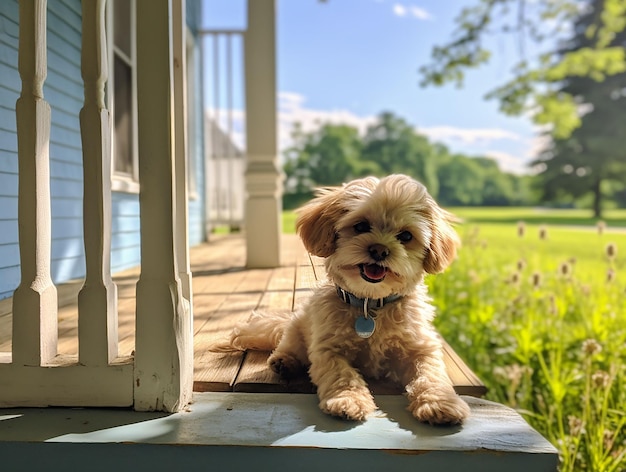 Cão pequeno e sorridente sentado na varanda da frente.