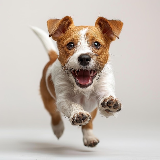 Cão pequeno marrom e branco correndo pelo chão branco