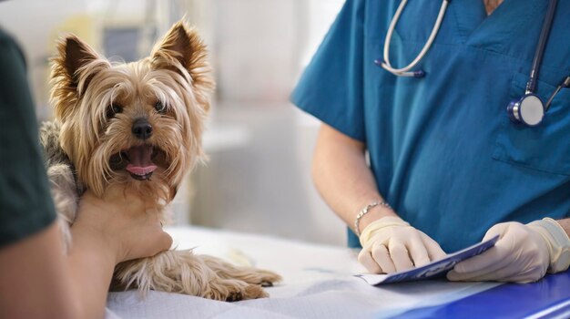 Cão pequeno na recepção do veterinário