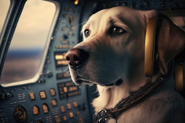 Foto cão piloto sentado nos controles do avião com a cabeça apoiada na pata