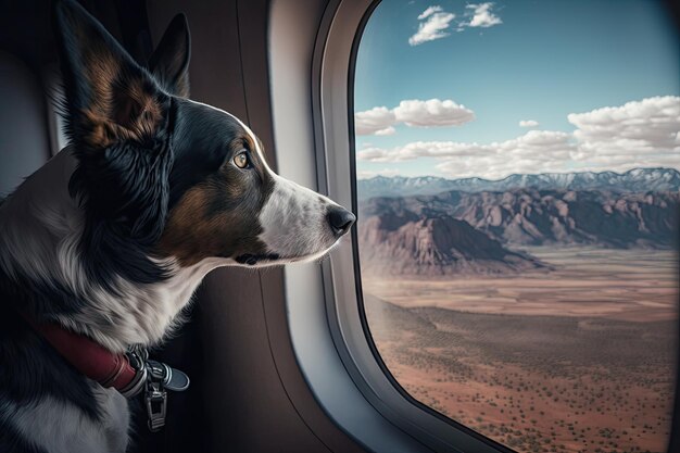 Foto cão piloto voando pela cordilheira olhando pela janela