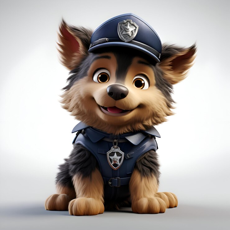 Foto cão policial com uniforme azul e boné sentado no chão ilustração 3d.