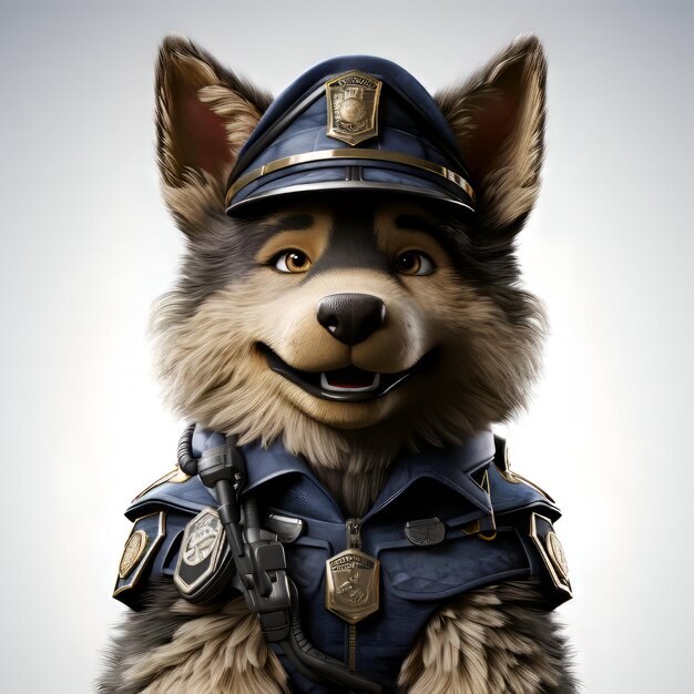 Cão policial em uniforme azul e chapéu ilustração 3d