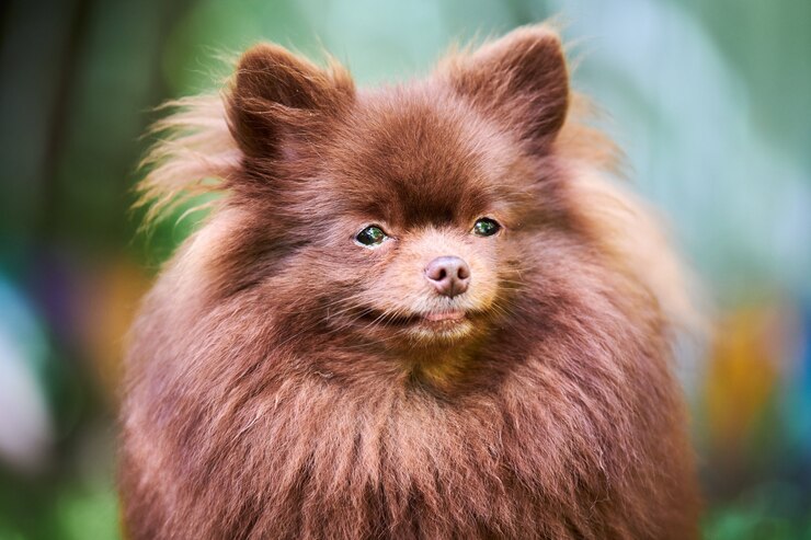 Foto cão pomeranian spitz no jardim, close-up retrato do rosto. filhote de cachorro bonito da pomerânia marrom em caminhada. cão de pom spitz engraçado amigável para famílias, fundo de grama verde.