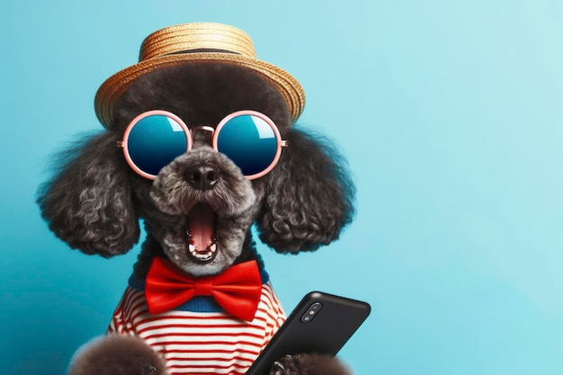 Cão poodle chocado com óculos de sol segurando smartphone em fundo colorido