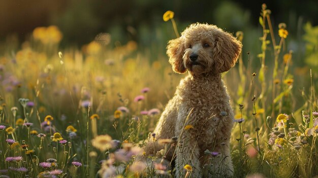Cão Poodle de fio sentado em um campo de prado cercado por flores silvestres vibrantes e grama em um dia ensolarado