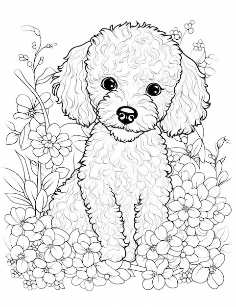 Cão poodle em um campo de flores.