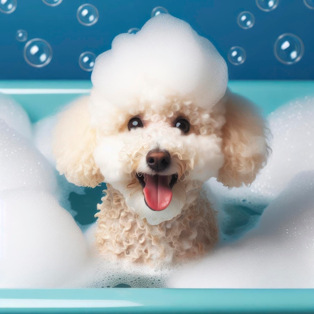 Cão poodle feliz em banho com espuma e bolhas de fundo azul